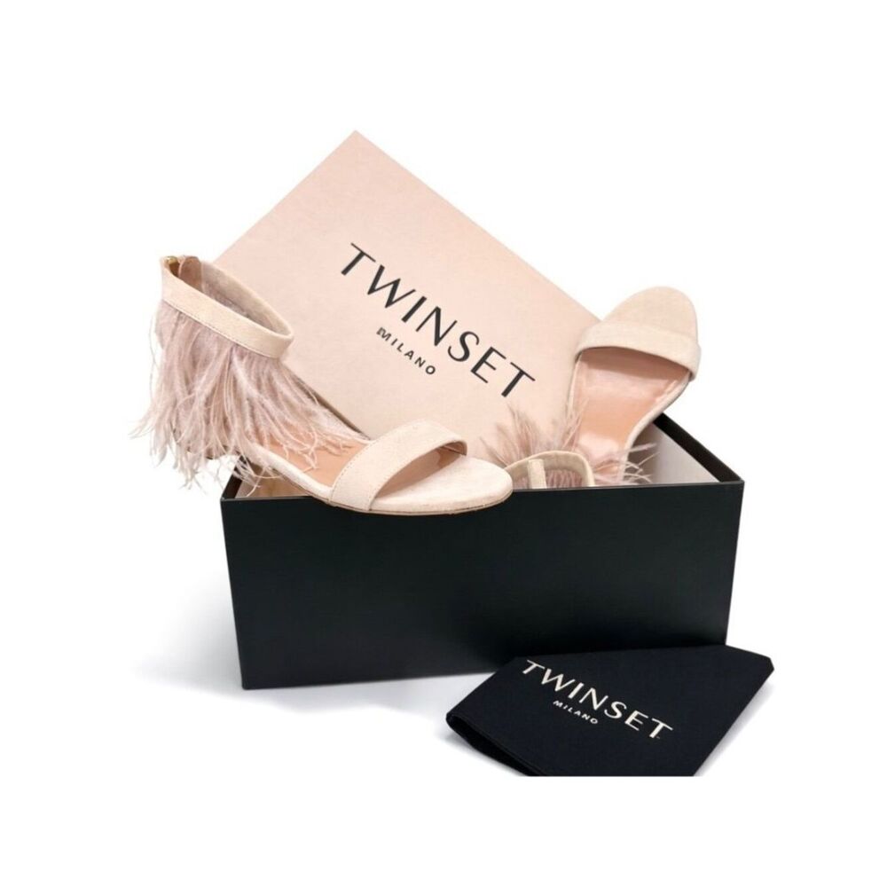 Twin-Set Feather Embellished Suede Leather Sandals Womens 35 EU Blush Pink Flats